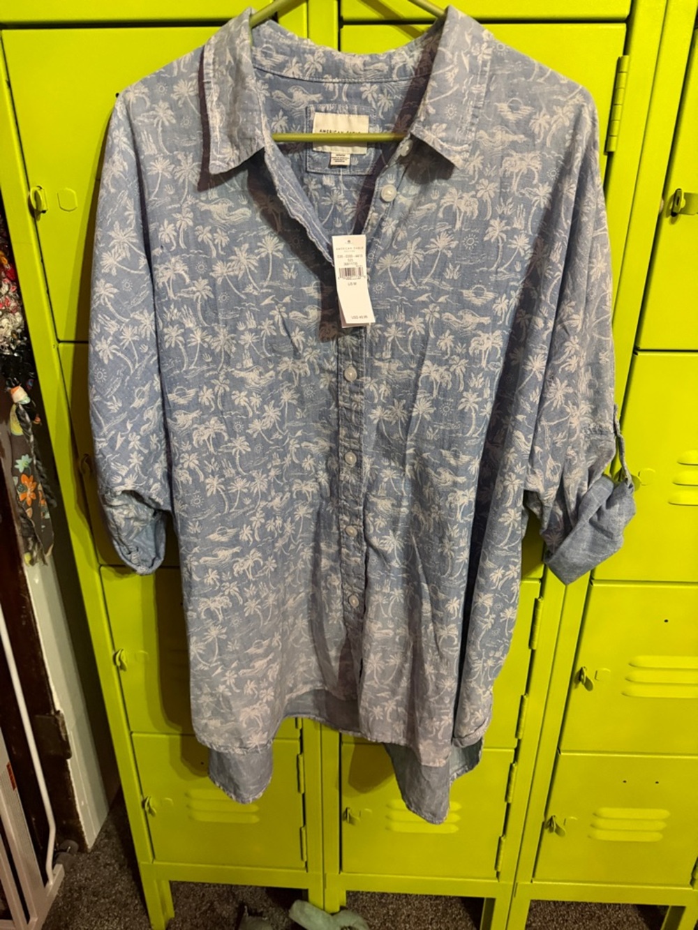 American Eagle Outfitters Light Blue Palm-Print Button-Down Shirt